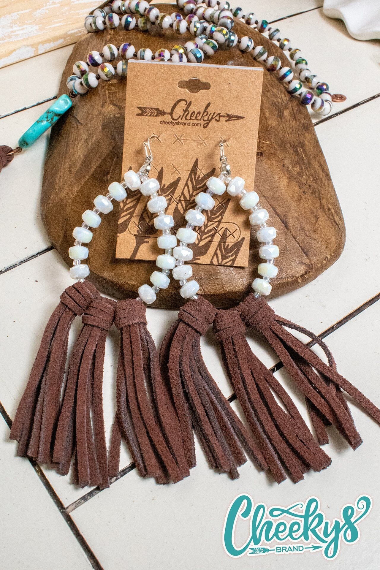 Willa Leather Tassel Earrings with White Beads and Brown Tassels Jewelry 18 