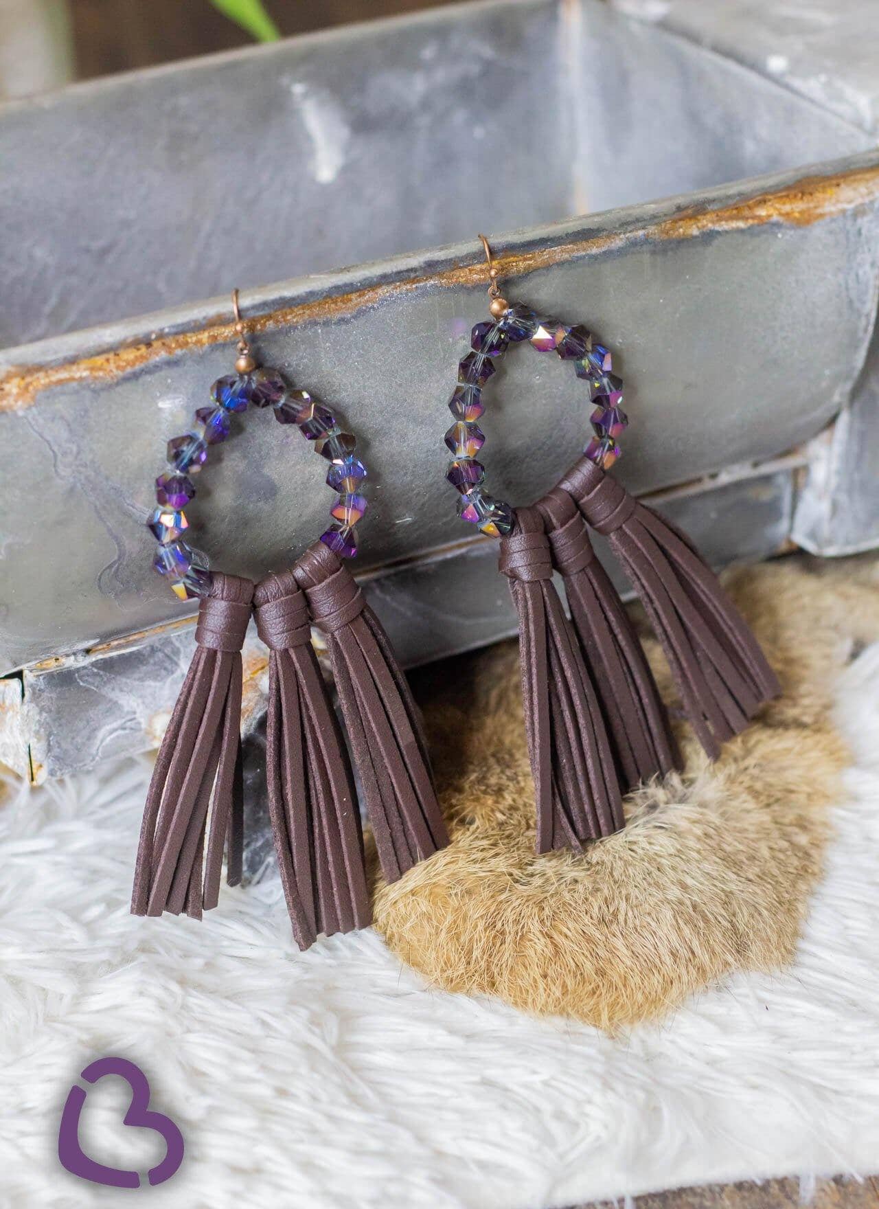 Willa Leather Tassel Earrings with Deep Purple Beads and Chocolate Brown Tassels Jewelry 18 