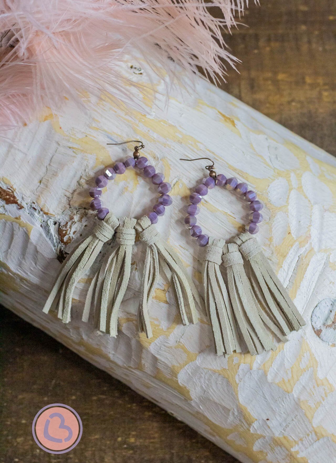 Willa Leather Tassel Earrings With Lavendar Beads and Tan Tassels Jewelry 18 