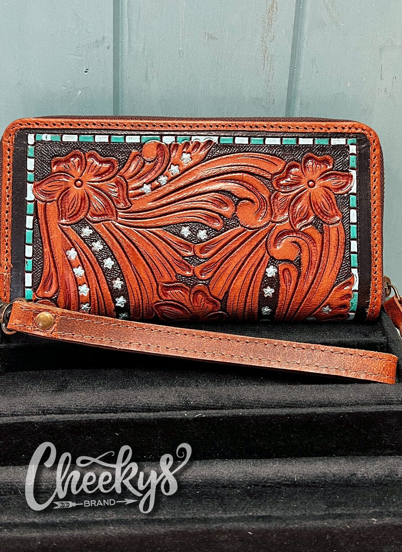 Star Line Tooled Turquoise Wallet/Clutch Cheekys Brand 