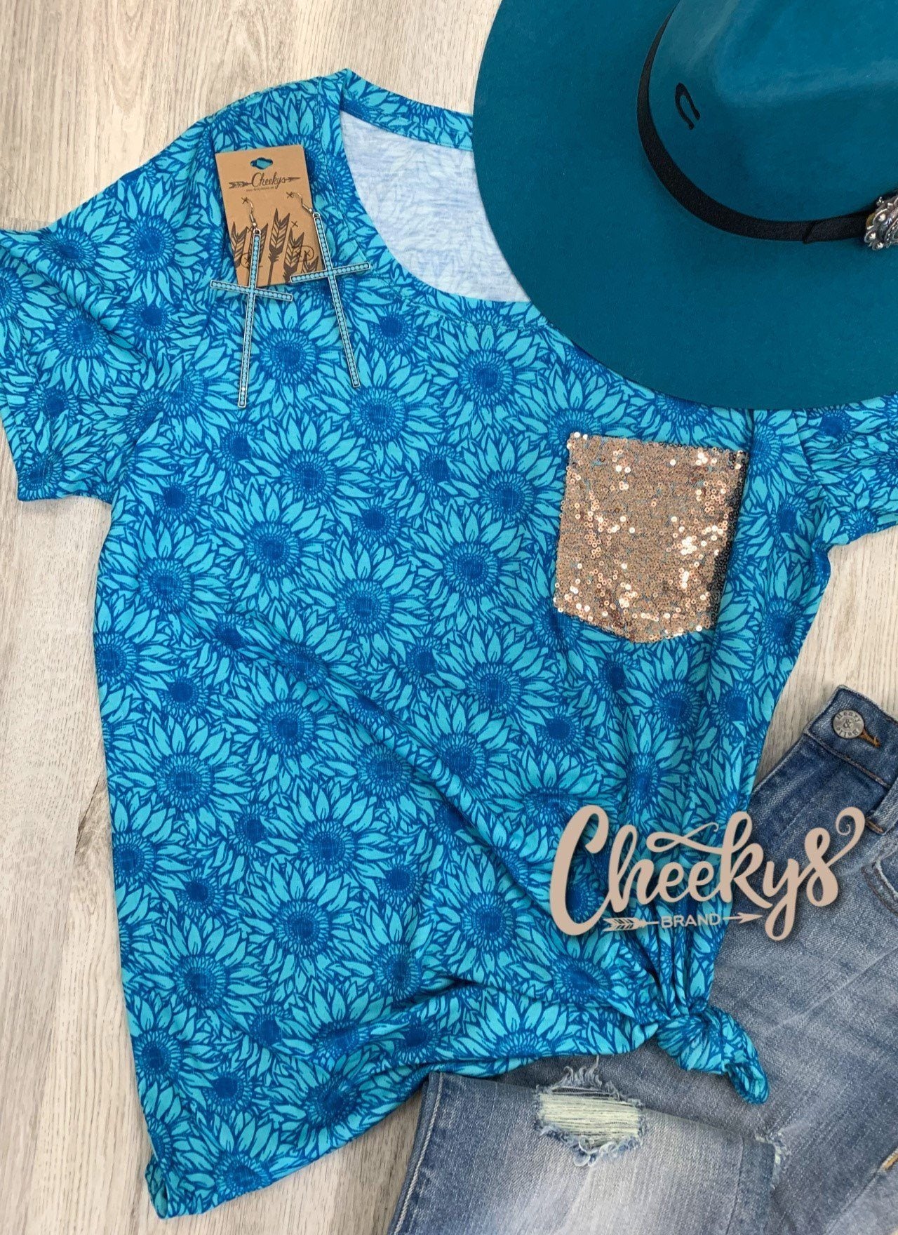 Blue Sunflower Scoop with Rose Gold Sequin Pocket Cheekys Apparel 23 