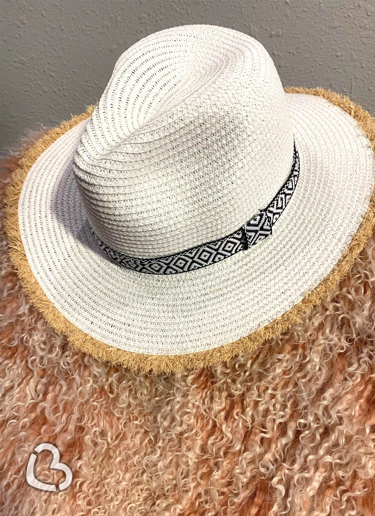 White Aztec Frayed Straw Hat Hat Cheekys Brand 