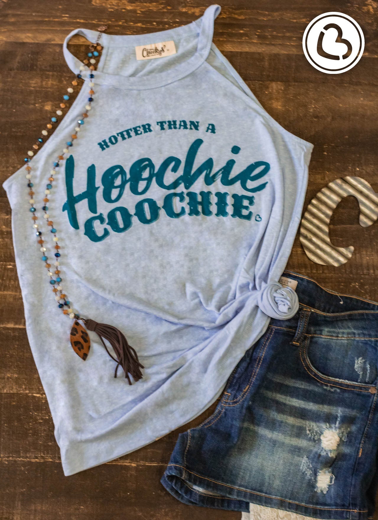 Hotter Than a Hoochie Coochie Tank on Periwinkle Cheekys Apparel Cheekys Brand 