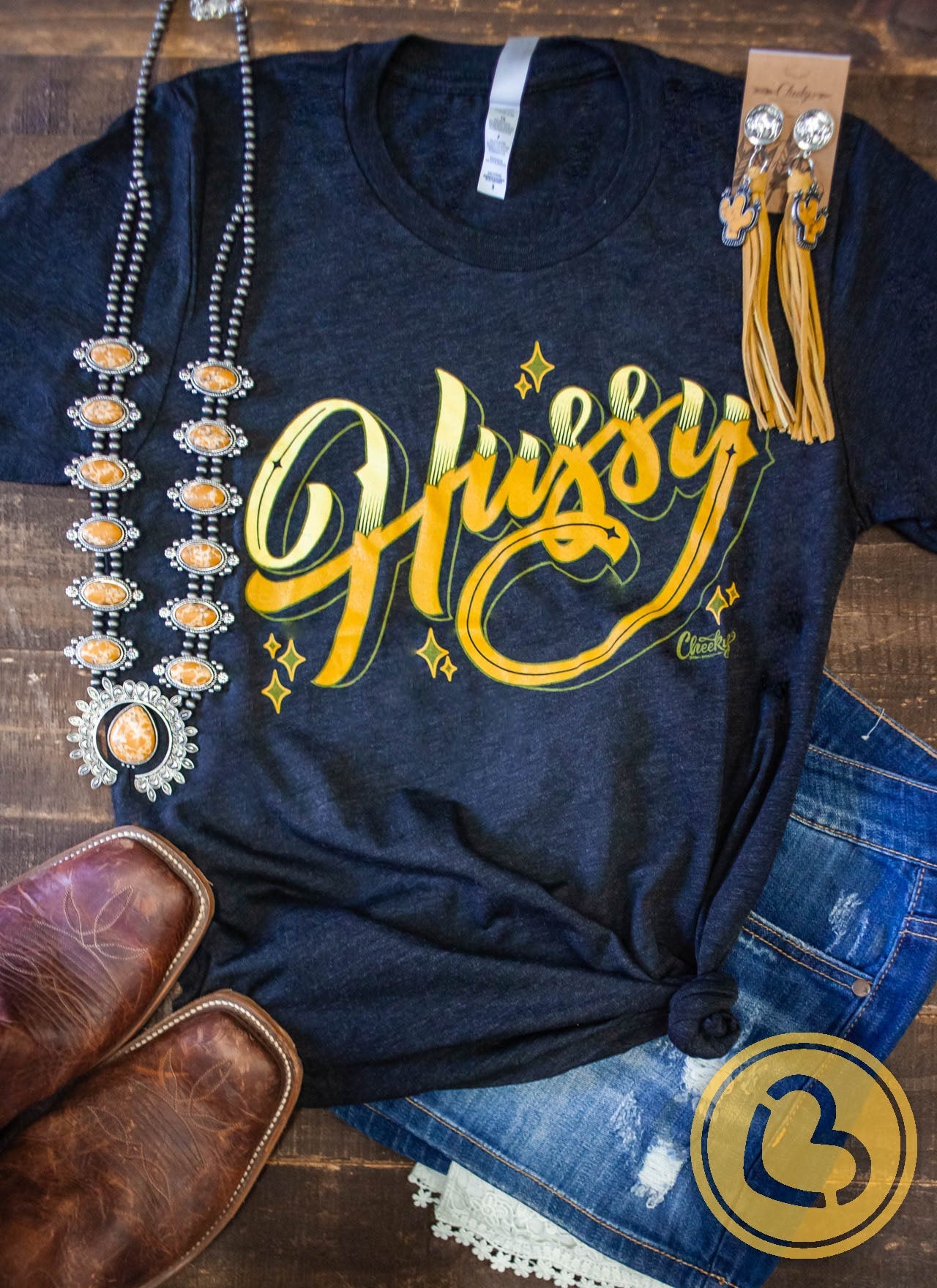 Hussy Unisex Tee with Yellow Print on Vintage Black Cheekys Apparel 41 