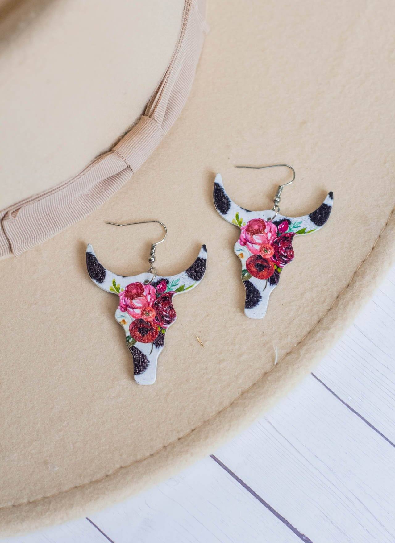 The Bessy Floral Cow Print Bull Skull Earrings Accessories 18 