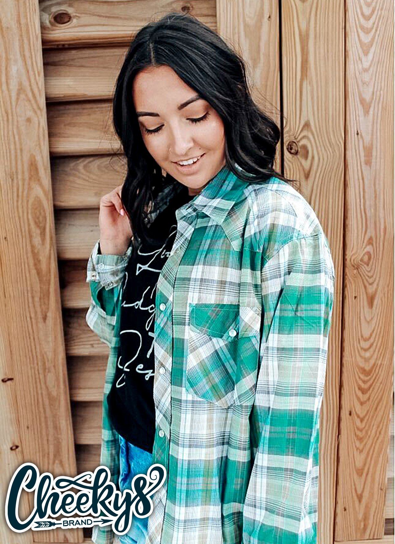 Let There Be Cowgirls Green Plaid Button-Up Western Shirt Cheekys Brand 
