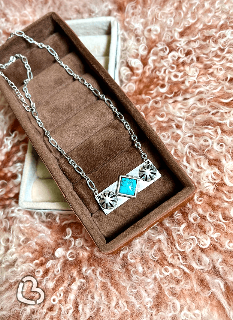 "Alina" Rectangle Silver Necklace in Turquoise Cheekys Brand 