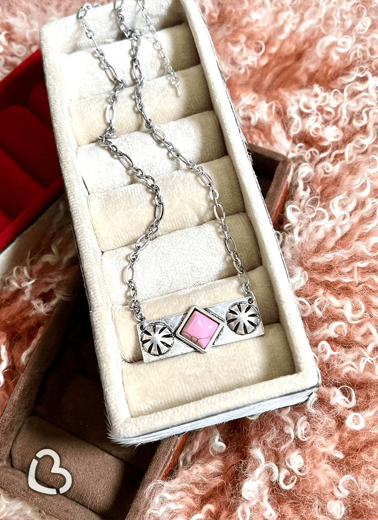 "Alina" Rectangle Silver Necklace in Pink Cheekys Brand 