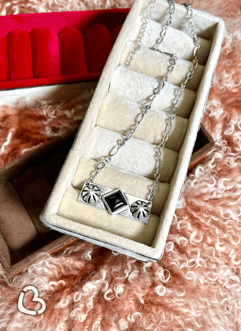 "Alina" Rectangle Silver Necklace in Black Cheekys Brand 