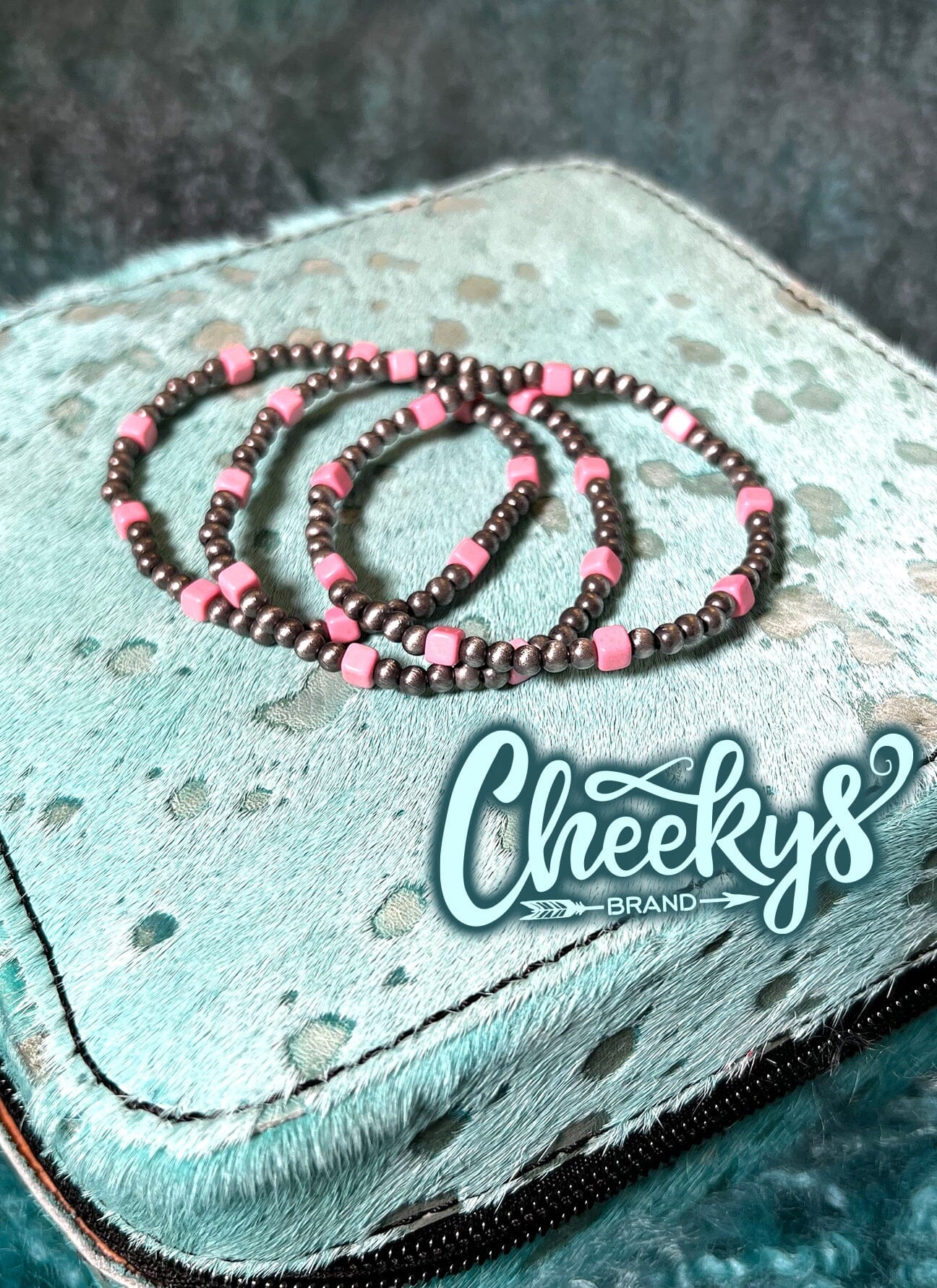 Pink Square Stone Navajo Stretch 3PC Bracelets Cheekys Brand 