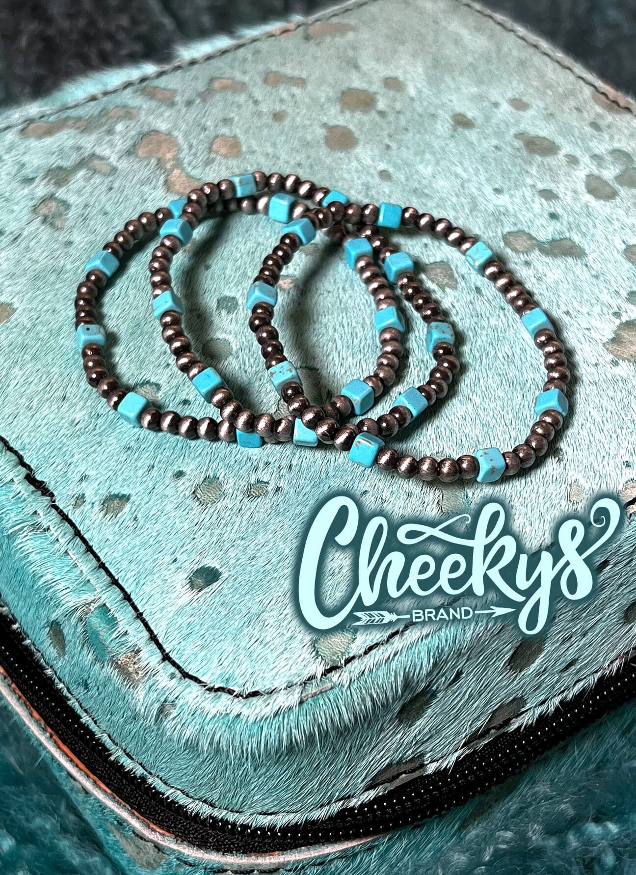 Turquoise Square Stone Navajo Stretch 3PC Bracelets Cheekys Brand 