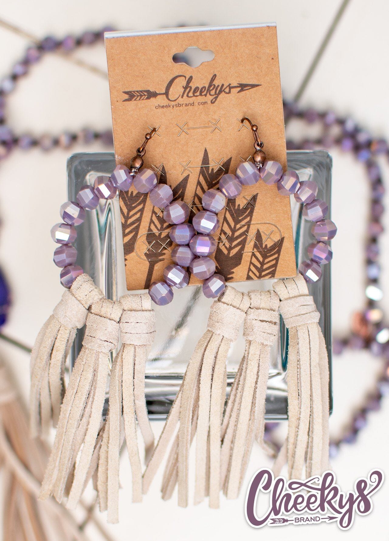 Willa Leather Tassel Earrings With Lavendar Beads and Tan Tassels Jewelry 18 