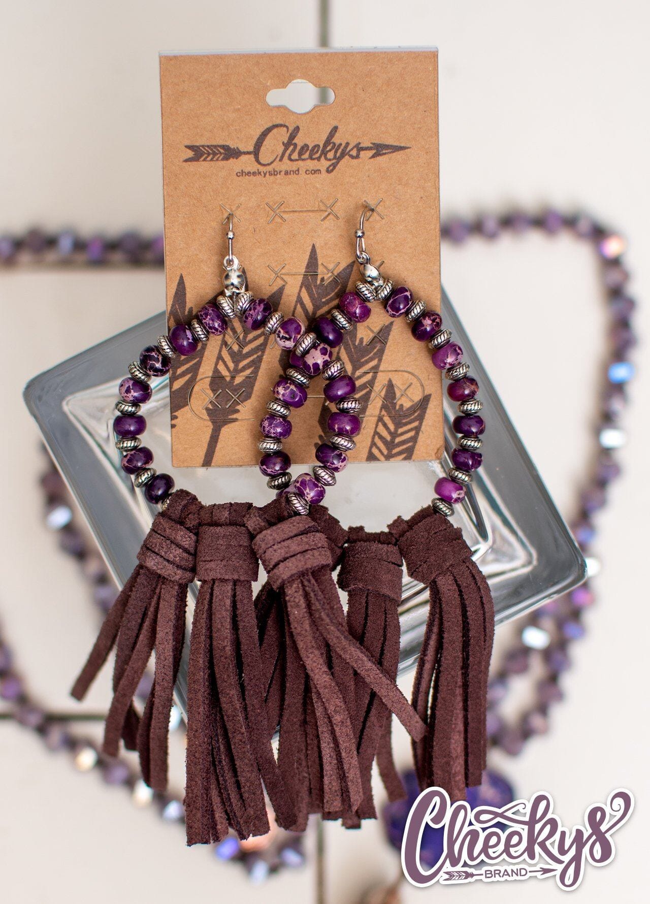 Willa Leather Tassel Earrings with Purple Agate Stone Beads and Brown Tassels Jewelry 18 