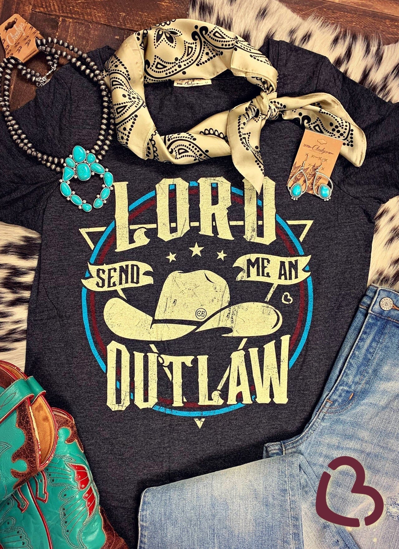 Lord Send Me An Outlaw Scoop Neck tee on Vintage Black Cheekys Apparel 23 