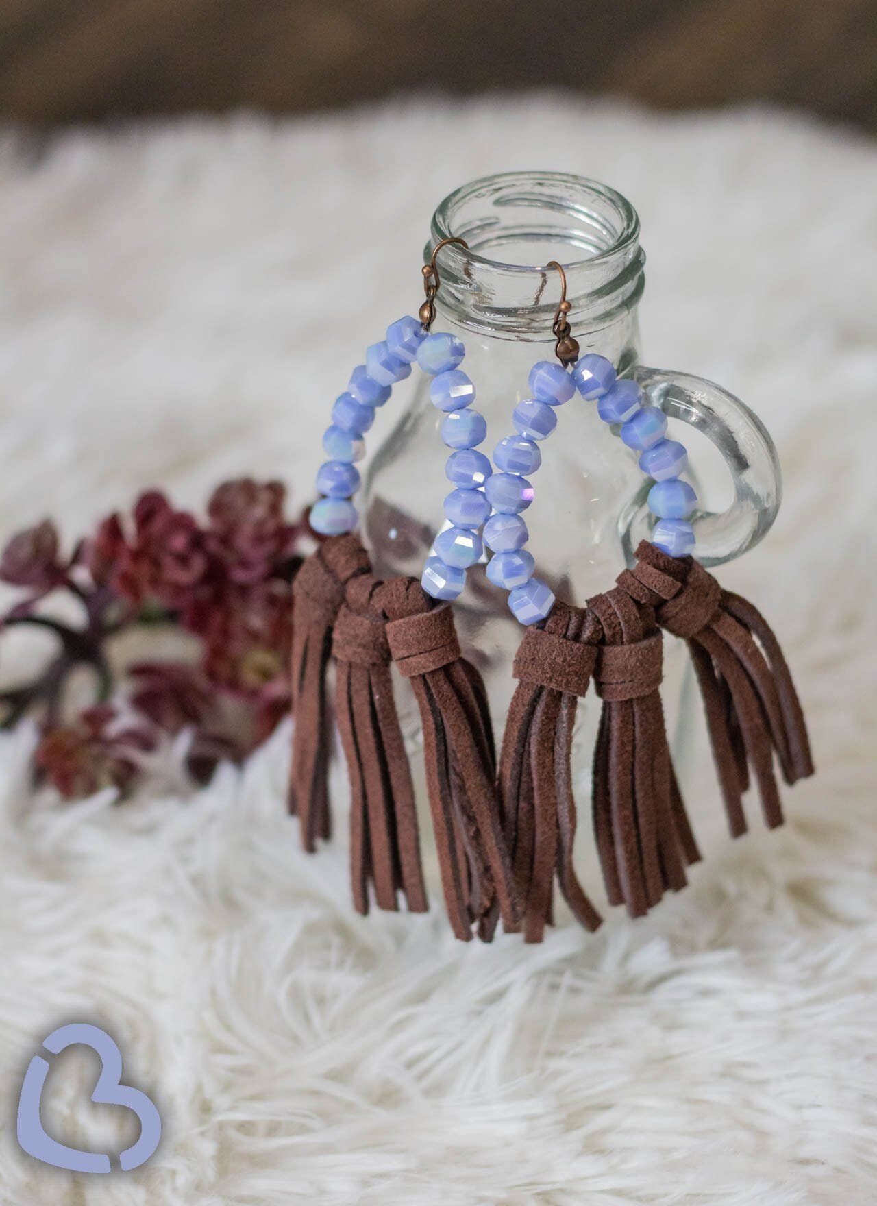 Willa Leather Tassel Earrings with Periwinkle Beads and Brown Tassels Jewelry 18 