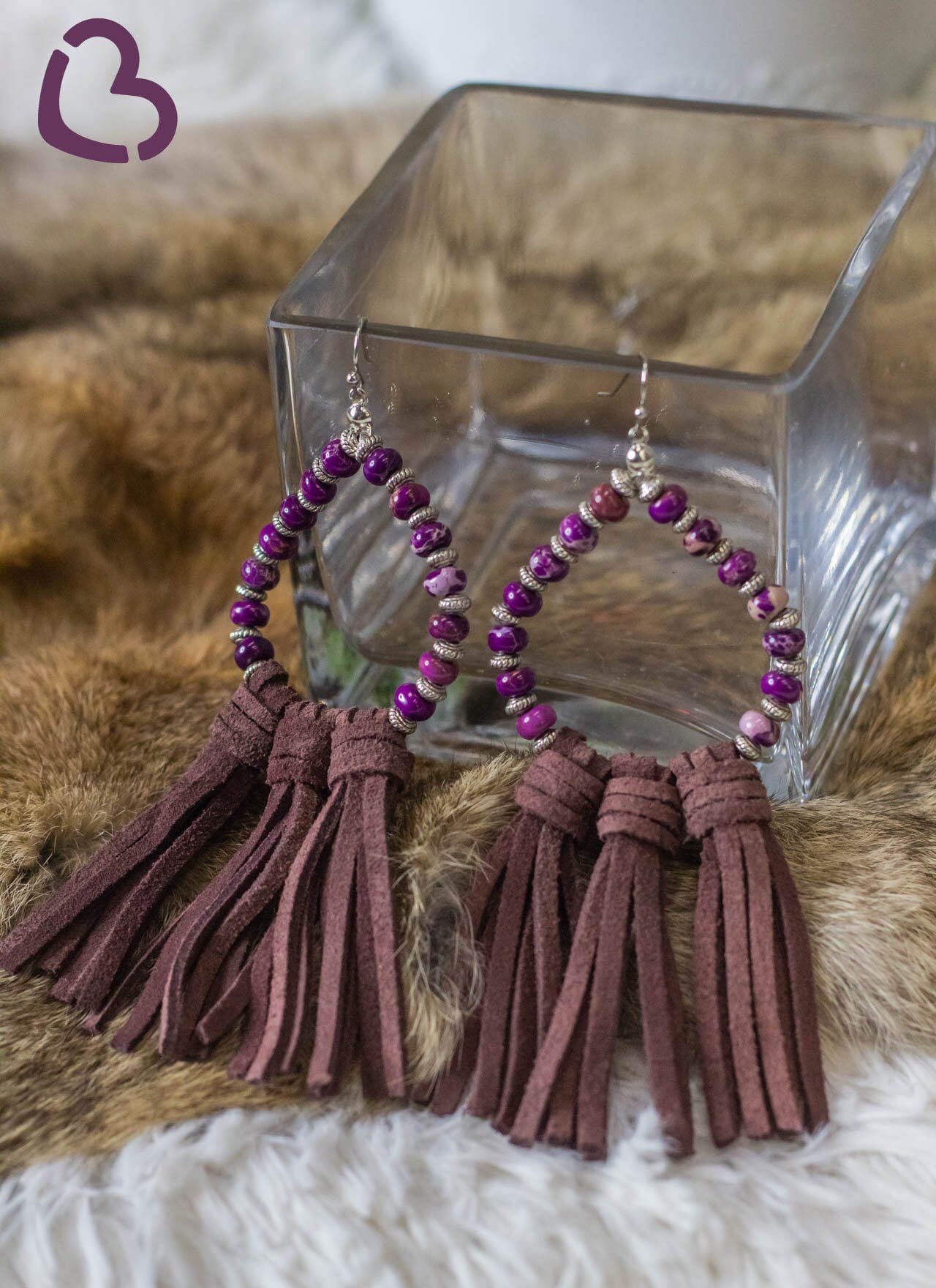 Willa Leather Tassel Earrings with Purple Agate Stone Beads and Brown Tassels Jewelry 18 