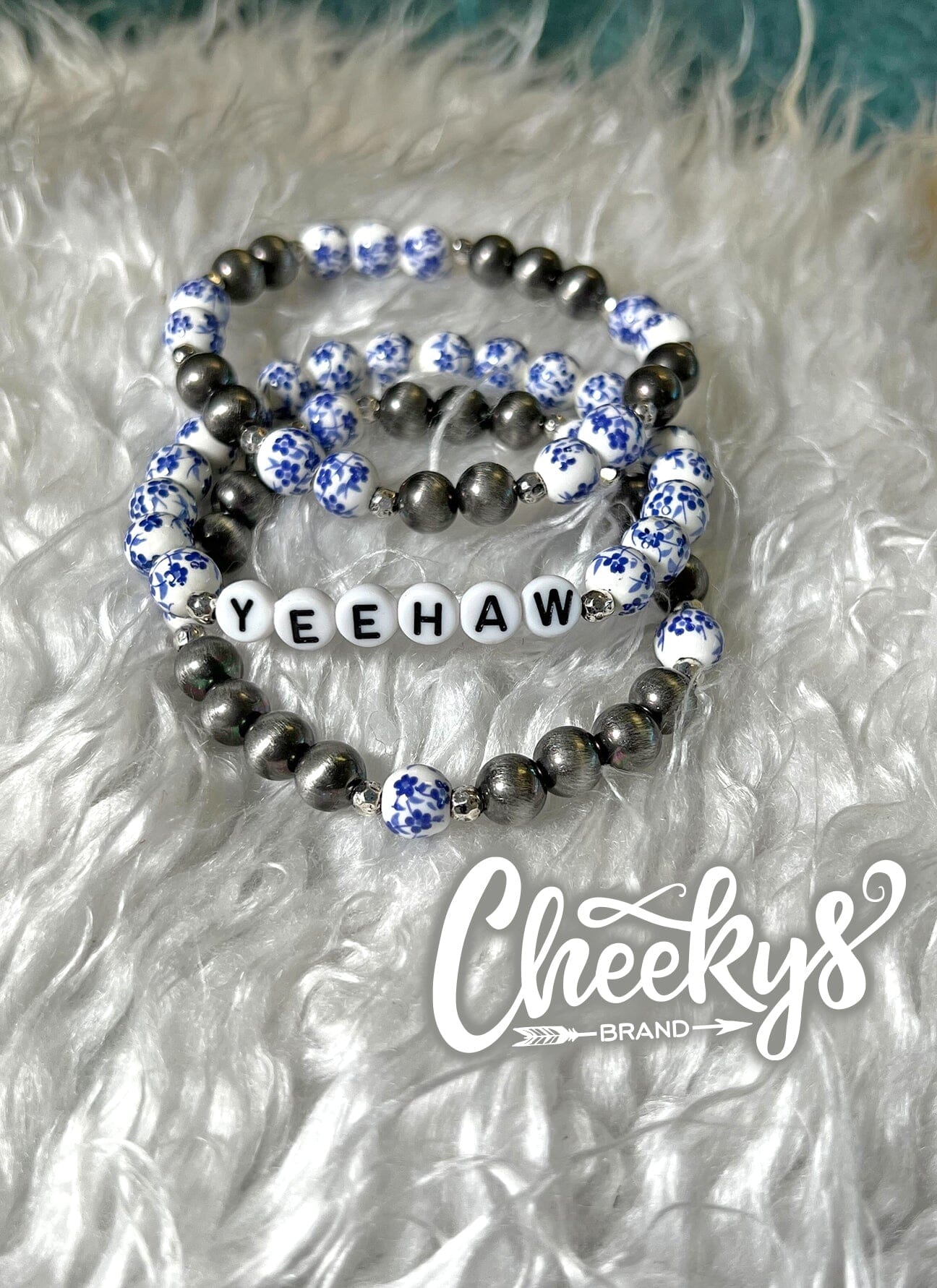 YeeHaw Blue Flower Navajo Stretch 3PC Bracelets Cheekys Brand 