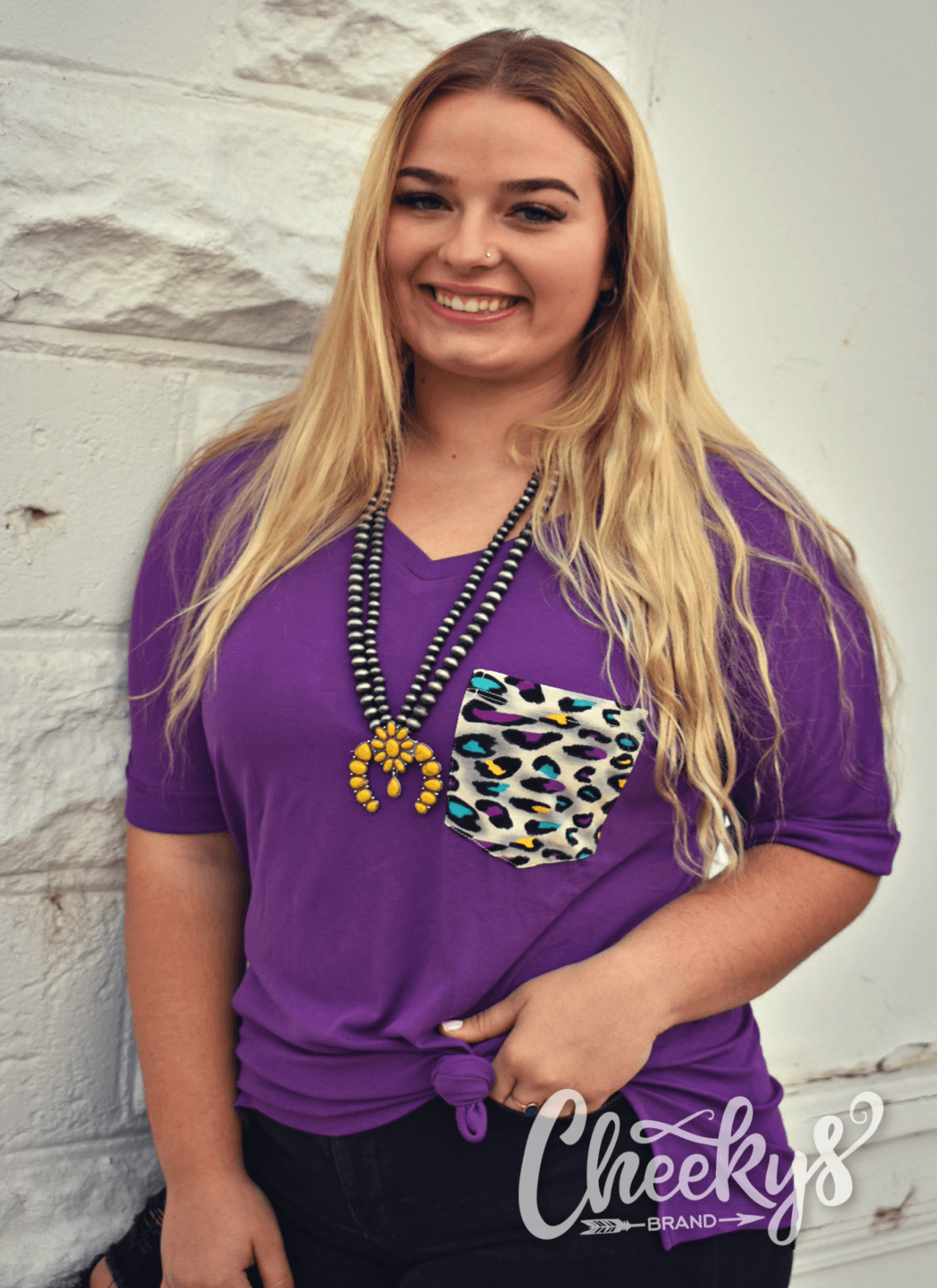 Over-Sized Indigo Tee with Multi Color Leopard Pocket Cheekys Apparel 23 