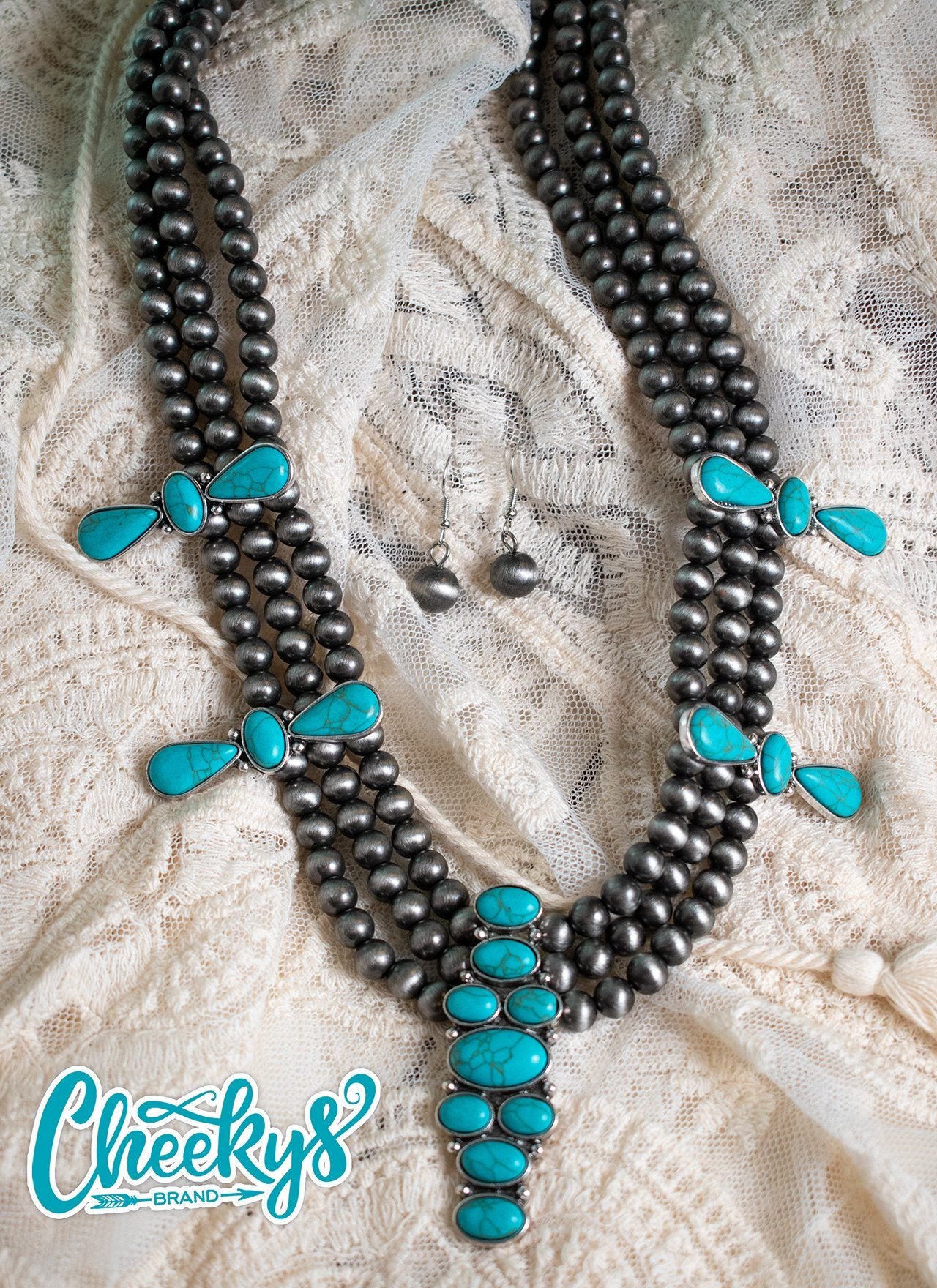 Emma Navajo Pearl and Turquoise Necklace and Earring set! Cheekys Brand 