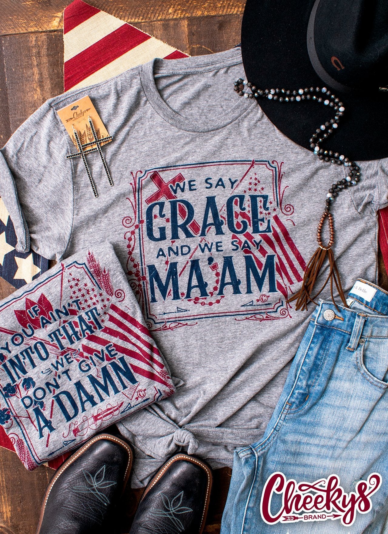 We Say Grace And We Say Ma'am Unisex Tee in Gravel Road Double Sided Print Cheekys Apparel 38 