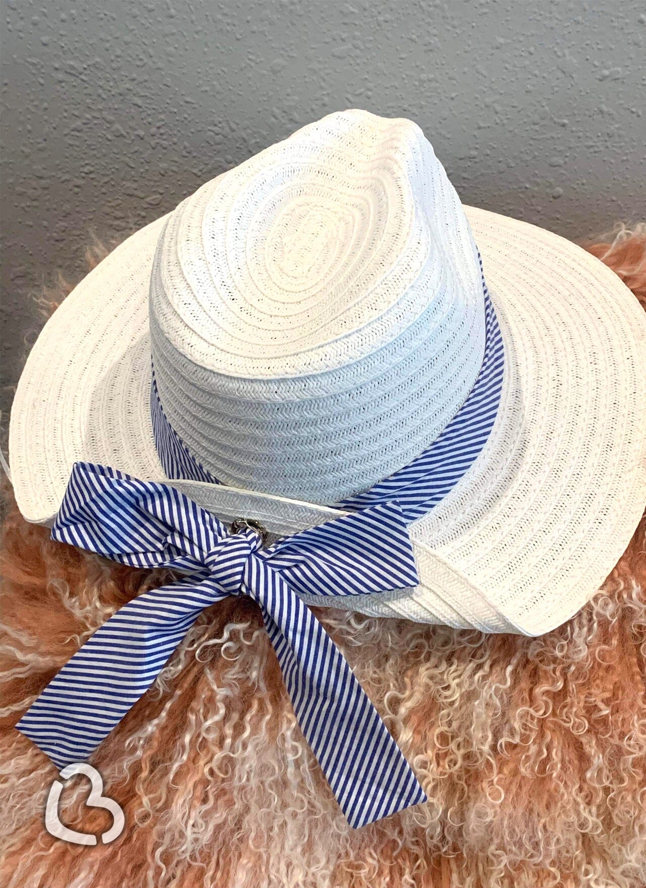 Striped Bow White with Navy Straw Hat Hat Cheekys Brand 