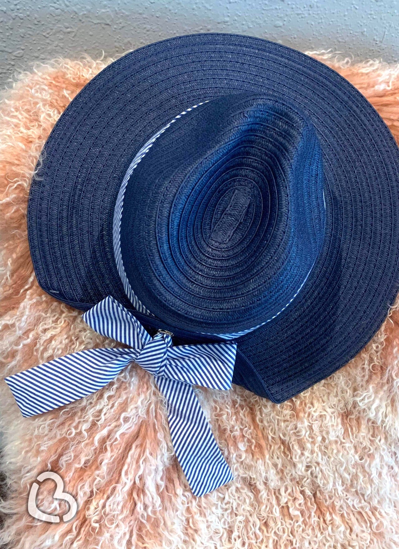 Striped Bow Navy with Navy Straw Hat Hat Cheekys Brand 