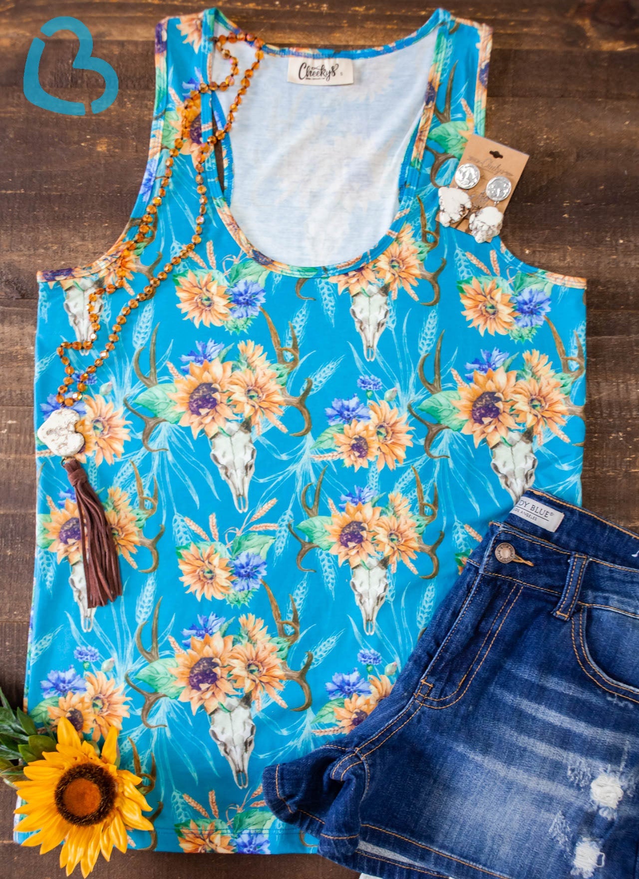 Amber Sunflower Skull Tank in Turquoise Cheekys Apparel 23 