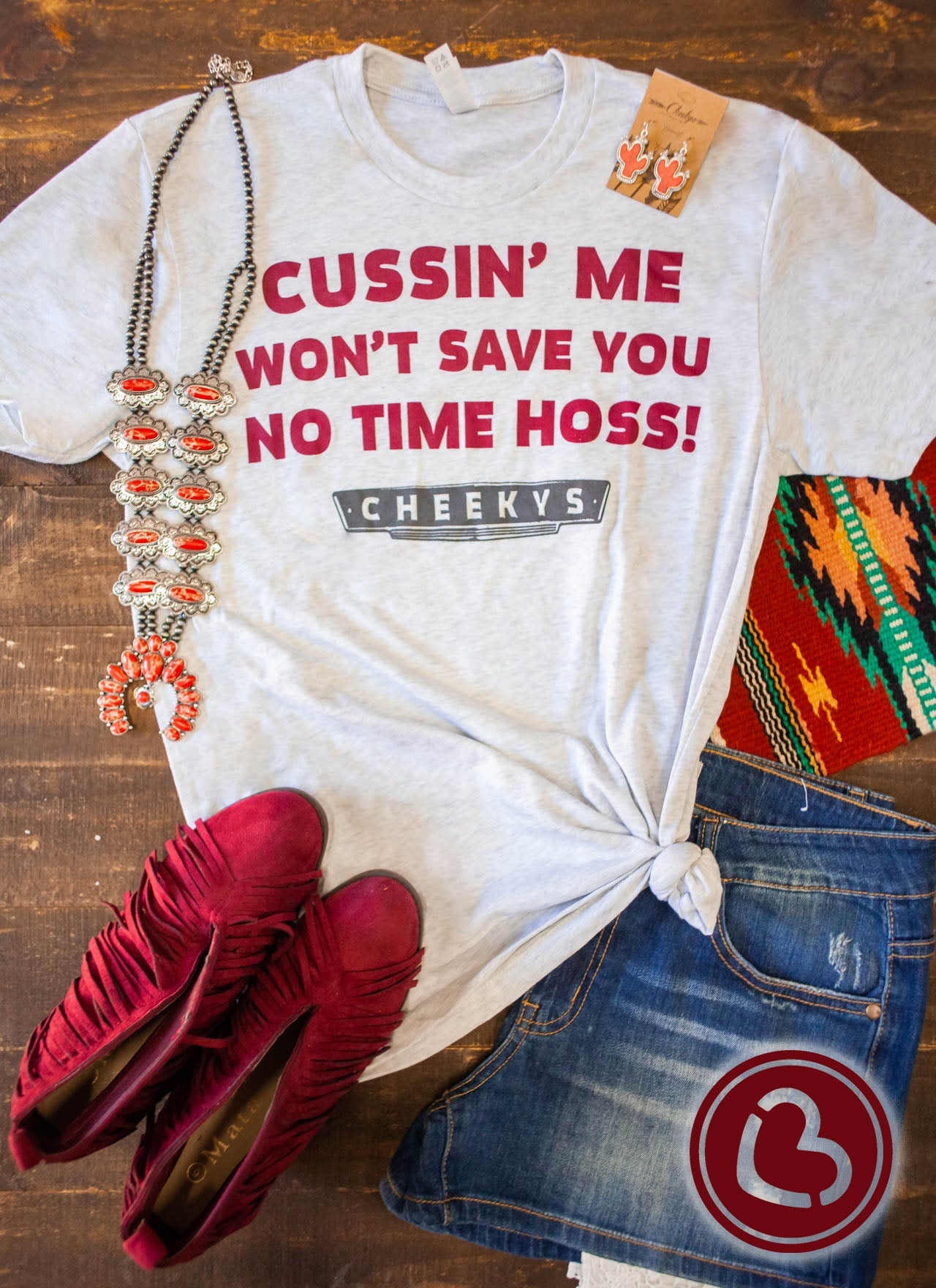 Cussin' Me Won't Save You No Time Hoss Unisex Tee on Heather Caliche Cheekys Apparel 37 