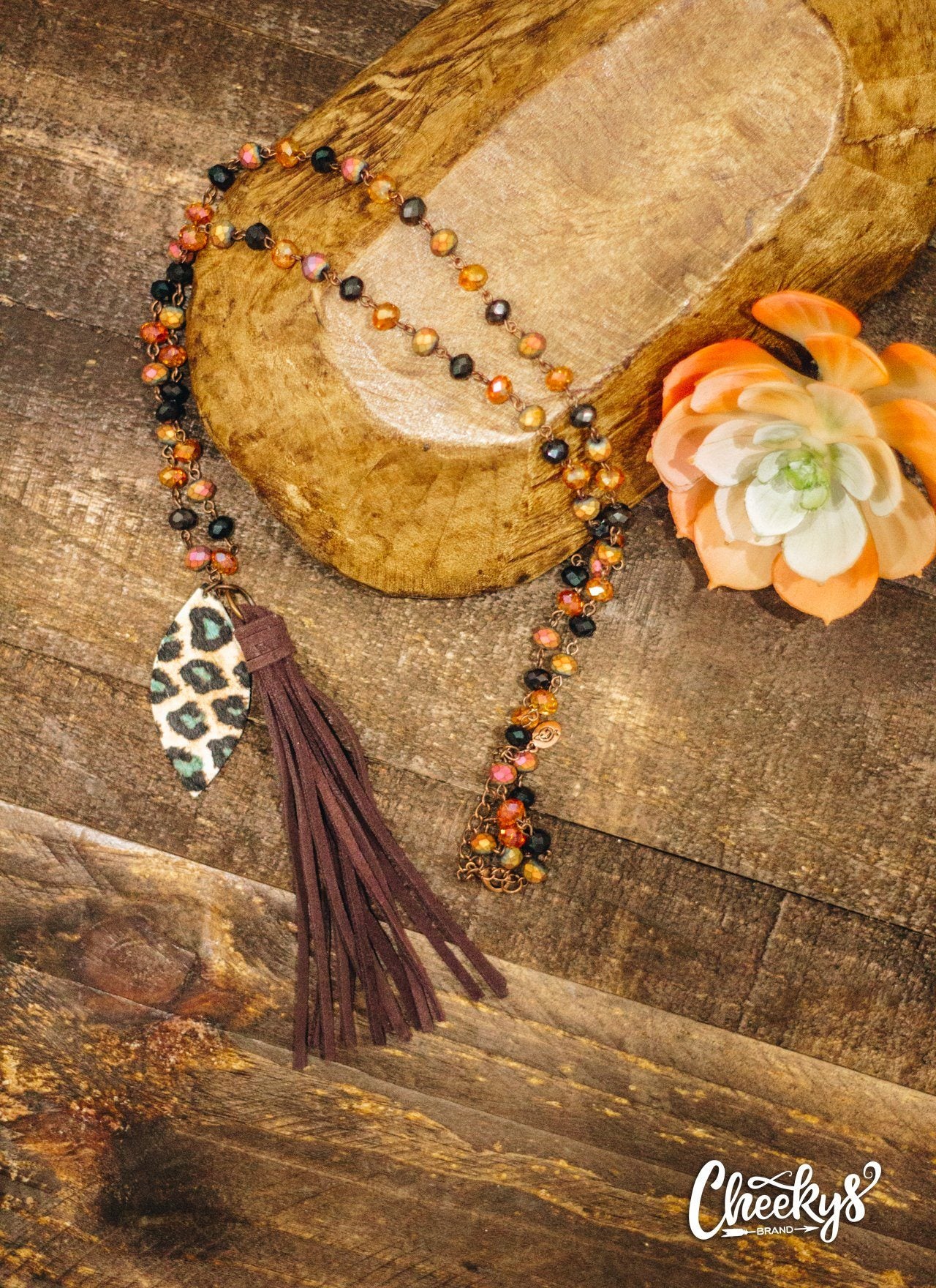 Mila Black&Orange Sparkling Bead Necklace with Fringe and Leopard Hair on Hide Tassel Jewelry 18 