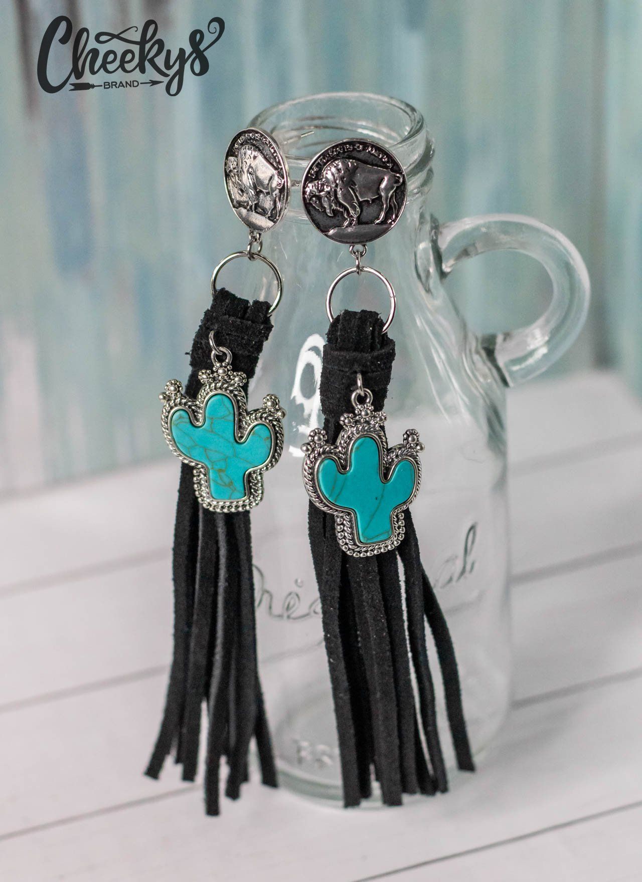The Presley Leather and Buffalo Nickel Earrings with Turquoise Cactus and Back Tassels! Jewelry 18 