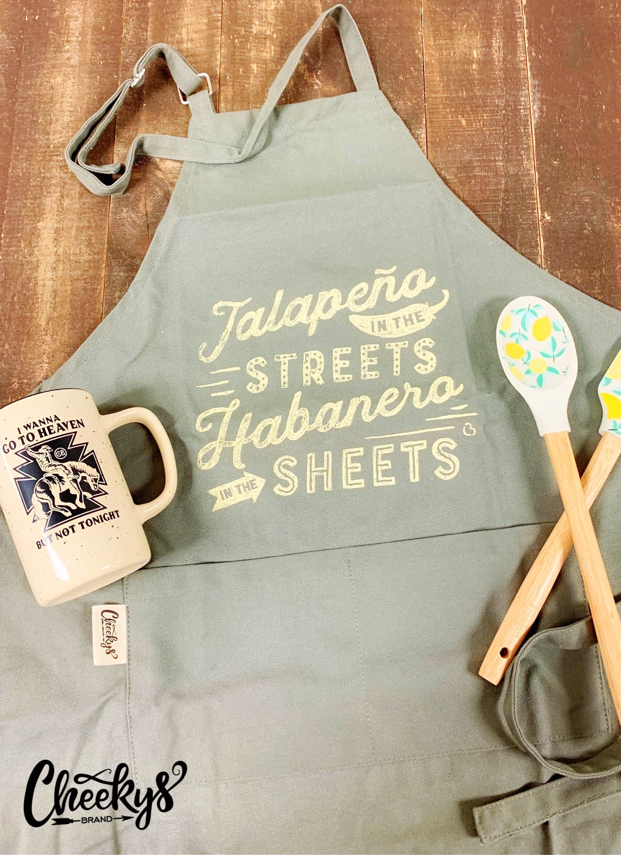 Jalapeno in the Streets Habanero in the Sheet Apron on Army Green Home & Gift Cheekys Brand 