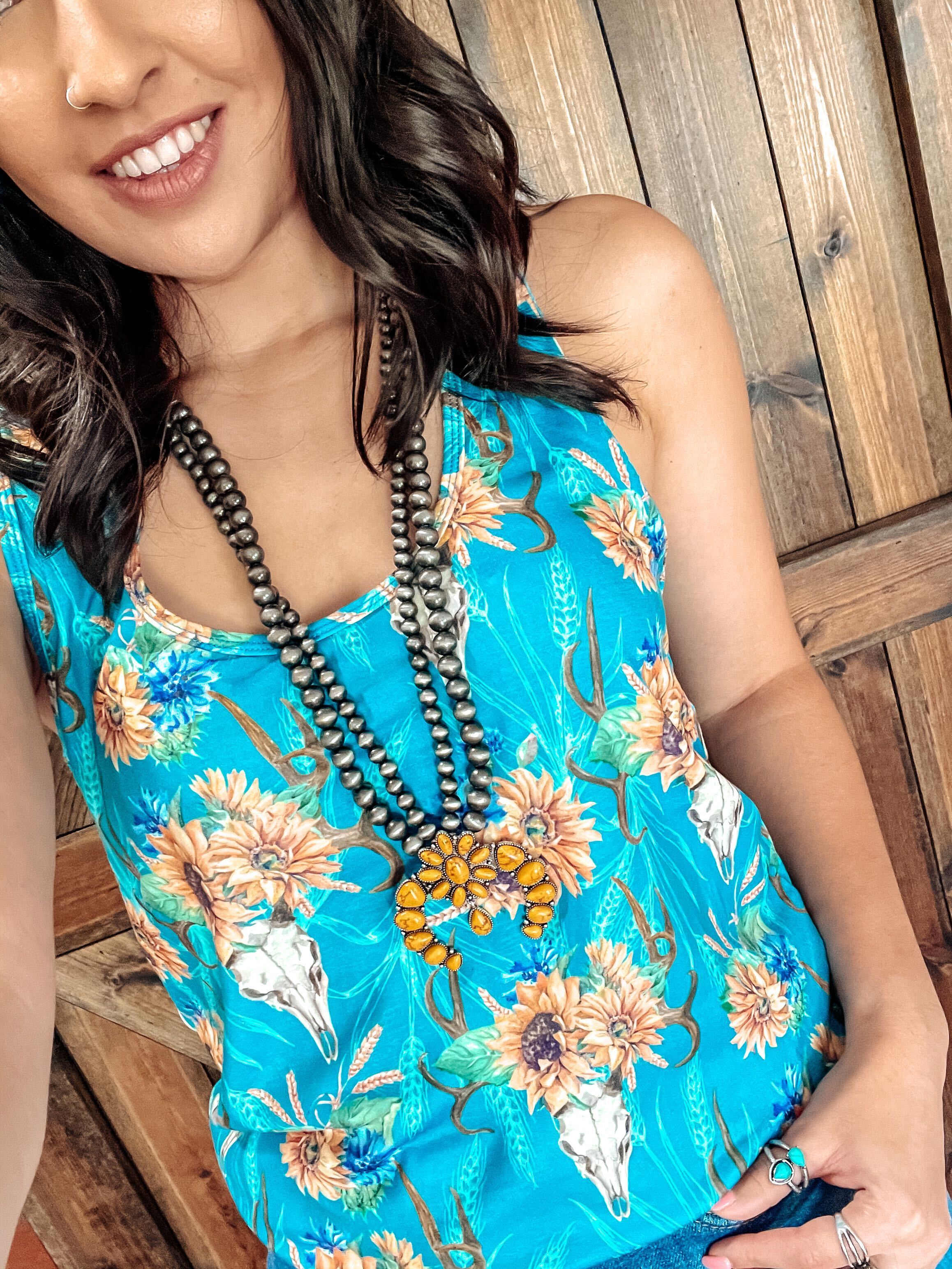Amber Sunflower Skull Tank in Turquoise Cheekys Apparel 23 