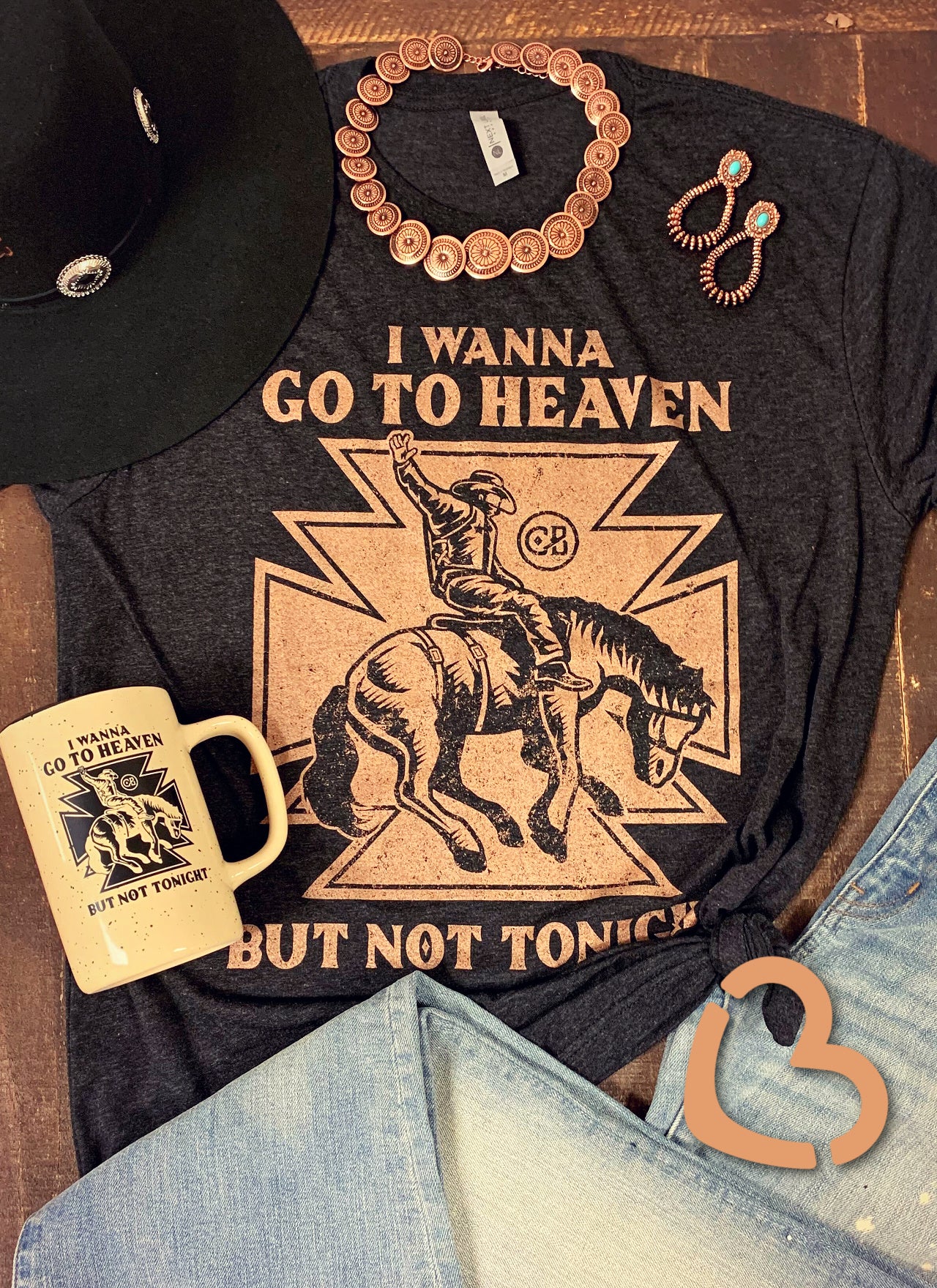 I Wanna Go To Heaven Unisex Tee on Vintage Black and Rose Gold Shimmer Cheekys Apparel 38 