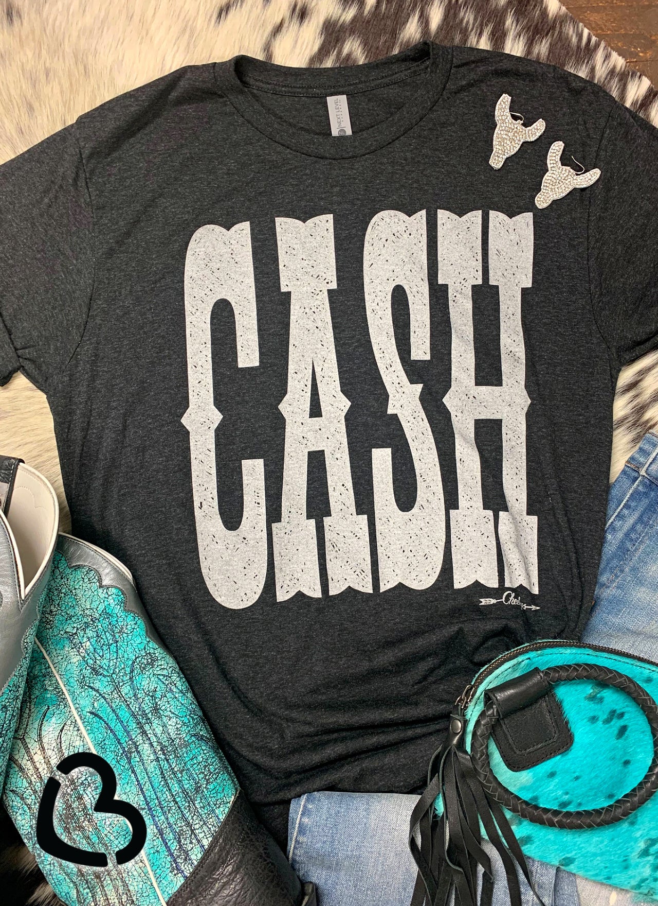 Cash Unisex Tee in Vintage Black with Shimmer Print Cheekys Apparel 38 