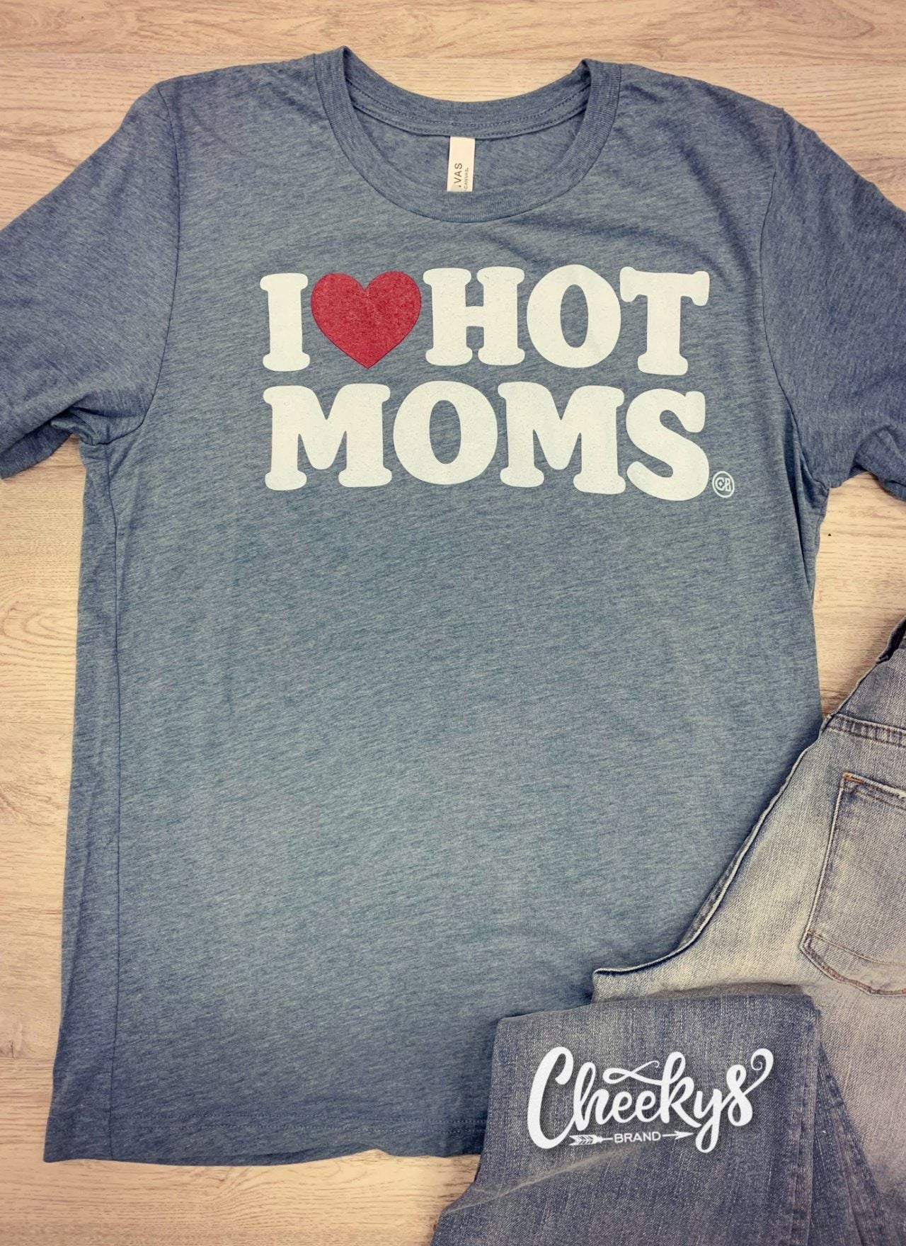 I Love Hot Moms Unisex Tee on Chambray Cheekys Apparel Cheekys Brand 