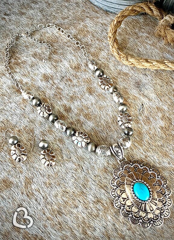 Navajo Flower with Turquoise Stone Concho Necklace and Earrings Set Jewelry MOA 