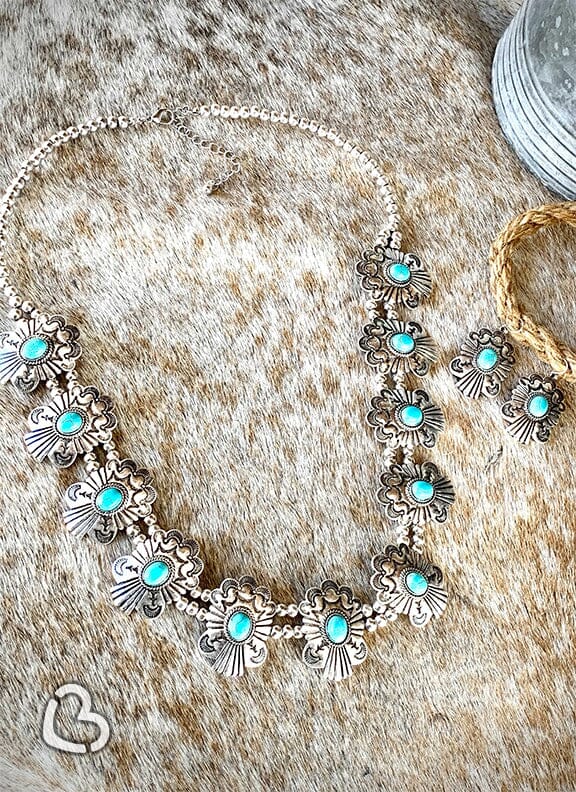 Annie Navajo Turquoise Stone Concho Necklace and Earrings Set Jewelry MOA 