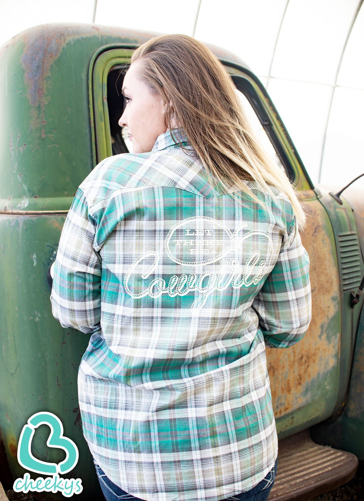 Let There Be Cowgirls Green Plaid Button-Up Western Shirt Cheekys Brand 