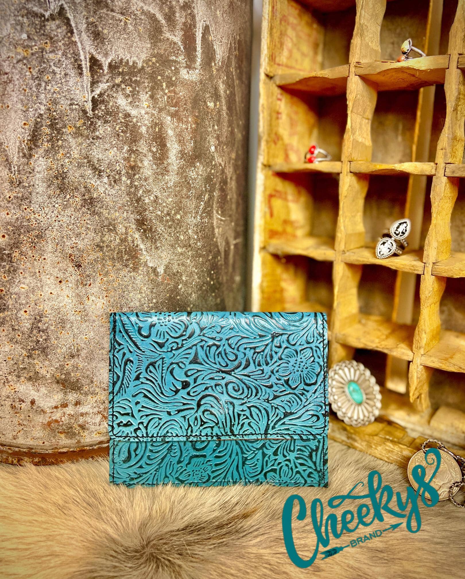 The Riley Leather Wallet in Turquoise Embossed Handbags & Clutches Cheekys Brand 