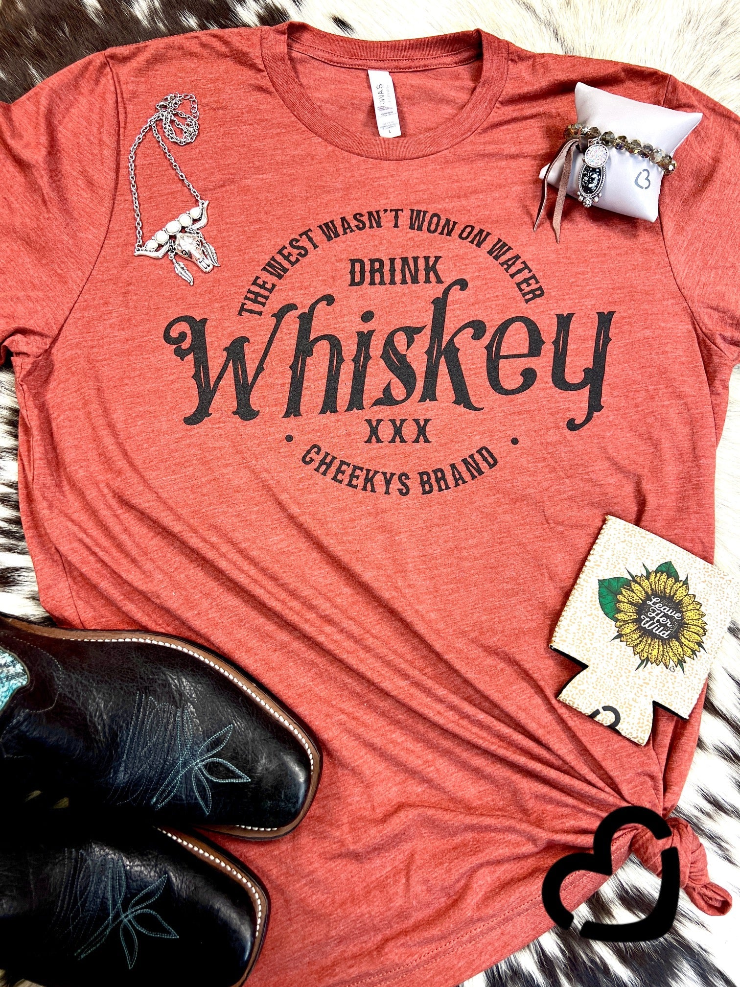 The West Wasn't Won on Water Drink Whiskey Unisex Tee on Rustic Poppy Cheekys Apparel 23 